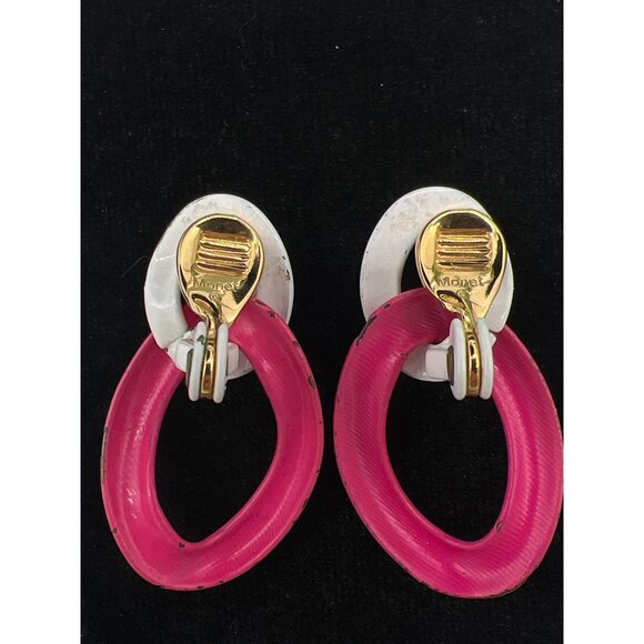 Monet Two Tone Color Block Enamel Hoop Clip On Earrings - Picture 6 of 6